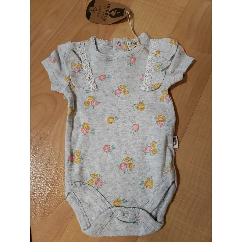 NWT Rabbit + Bear Organic Baby Girl Outfit Set Floral Top Yellow Pants 0-3M